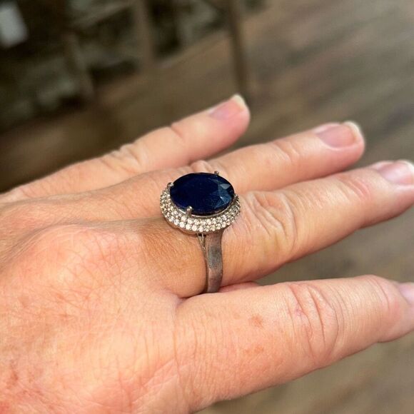 925 Sterling silver Large Dark blue Sapphire & Pave CZ 14mmx12mm,6.78g ring Sz 9 - Picture 6 of 10